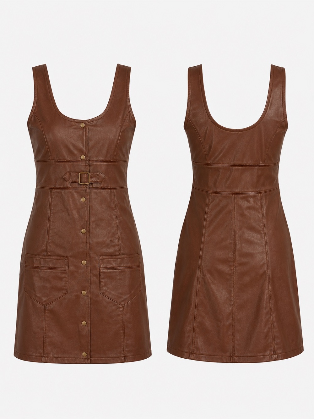 Free People Brown Faux Leather Mini Dress Size 0 Snap Front Belted Retro 70s